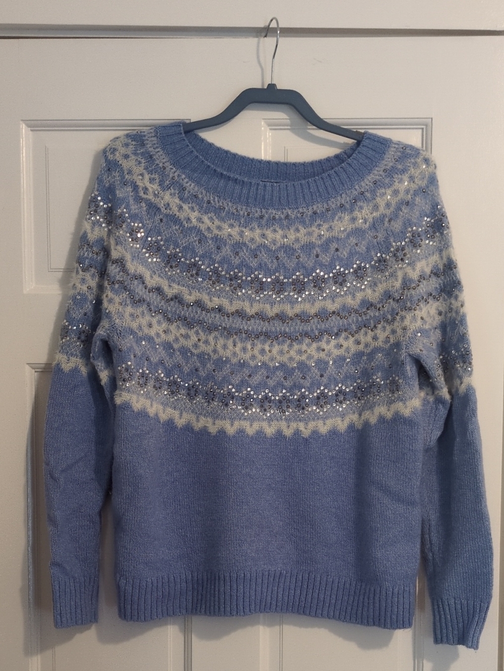Talbots Light Blue Fair Isle Sequin Pullover Sweater